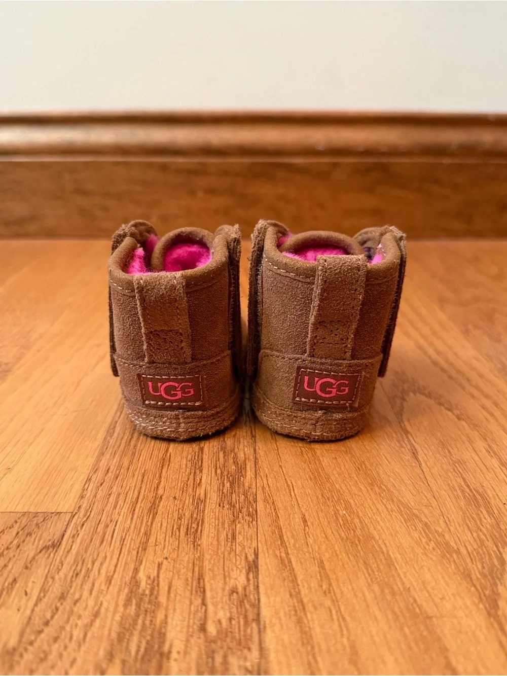 UGG Baby Booties Leather Suede Velcro Side Closure Brown Hot Pink Like new US0/1